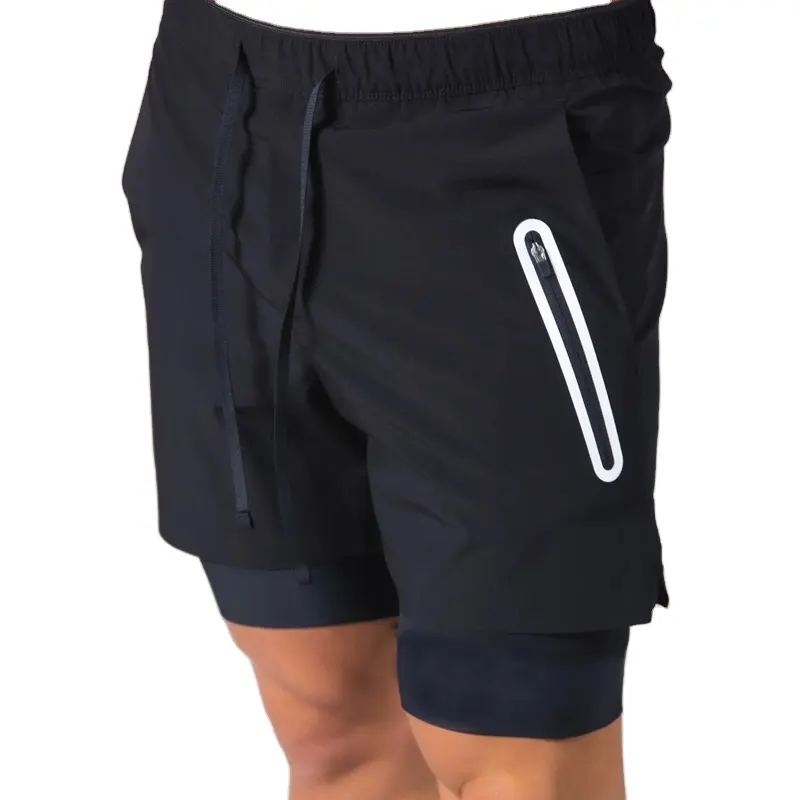 Double Layer Fast Dry Men Gym Shorts With Reflective Stripe Pocket Male Sportswear Running Training Workout Shorts