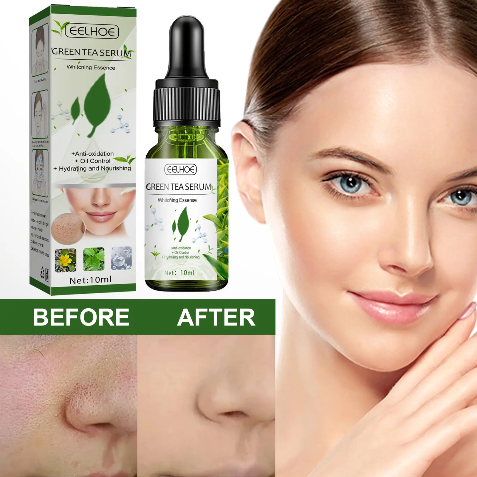 Green Tea Poro Shrinking essence Líquido Hidrata, hidrata, encolhe suavemente, refina os poros, revitaliza e pele macia
