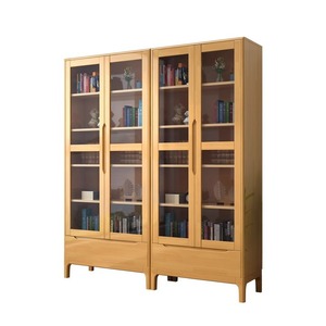Weihang <b>Solid</b> <b>Wood</b> <b>Bookcase</b> With Glass Doors 1.8cm Partition Freestanding Storage Cabinet For Home Office Use - Product Image 4