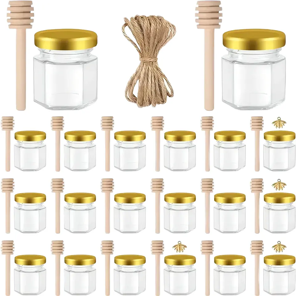 YOLOWE HOME Lot de 20 mini pots de miel en verre hexagonaux 1.5 oz pendentif abeille Jute cuisine bocal en verre conteneurs de stockage