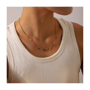Luxury Titanium Steel <strong>Jewelry</strong> 18K Gold-Plated Stainless Steel Ball Bead Chain Colorful Geometric Shaped <strong>Gem</strong> Pendant Necklace - Product Image 1