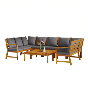 Ensemble de salon de jardin en teck avec coussins gris foncé, 6 places, mobilier d'extérieur, design contemporain, structure en bois massif - Product Image 1