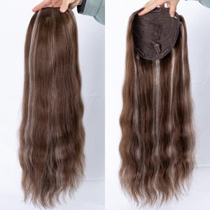 # Topper de <span class=keywords><strong>cheveux</strong></span> brun clair avec queue de cheval argentée, entièrement fabriqué à la machine, 7 clips, topper de <span class=keywords><strong>cheveux</strong></span> de poney respirant, trame naturelle, brillance naturelle, 100% <span class=keywords><strong>cheveux</strong></span> humains - Product Image 1