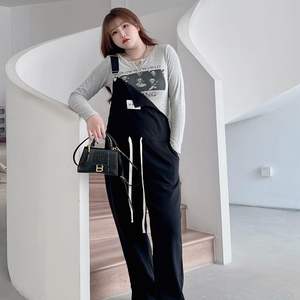 Salopette noire pour femme Runqi N8486, coupe droite, cordon de serrage, coton, décontractée, grande taille, combinaison en jean d'automne - Product Image 5