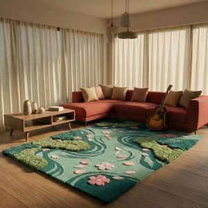 Teal Green Wool Area <b>Rug</b> Crafted with Moss Hand Tufted Floral River Artwork for Living Room Bedroom <b>Nursery</b> Kids Room Play Area - Product Image 2