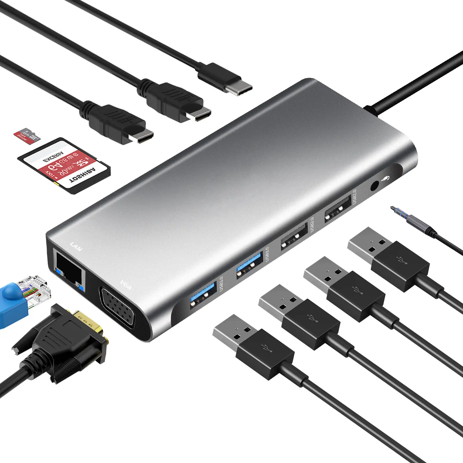 Bộ Chuyển Đổi Cổng Đa Màn Hình Kép Type C Bộ Chia USB 12 Trong 1 Với Màn Hình Ba 2 HDMIs VGA Gigabit Ethernet 100W PD 4USB Cổng TF/SD