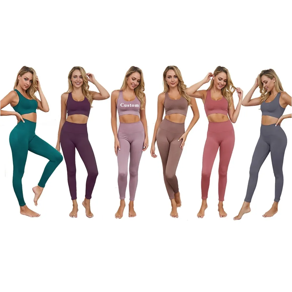 Özel Logo spor spor giyim kadın egzersiz kıyafet 2 parça dikişsiz Yoga kıyafeti spor sutyen tayt setleri