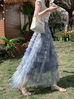 Jupe longue maxi en tulle multicouche à motif dentelle bleue, taille empire, best-seller de l'été, romantique, élégante, amincissante et infroissable