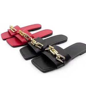 2024 Ladies Pu Leather Sandals Women Summer Slippers Fashion Pu Slides Elegant Flat Slides Sandals For Girls