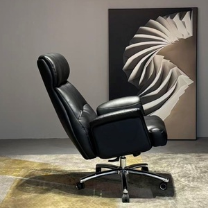 Modern Design Black Office <strong>Chair</strong> with Genuine Leather Ergonomic Adjustable Height <strong>Rotating</strong> Wheel Fixed Armrests Home Office - Product Image 5