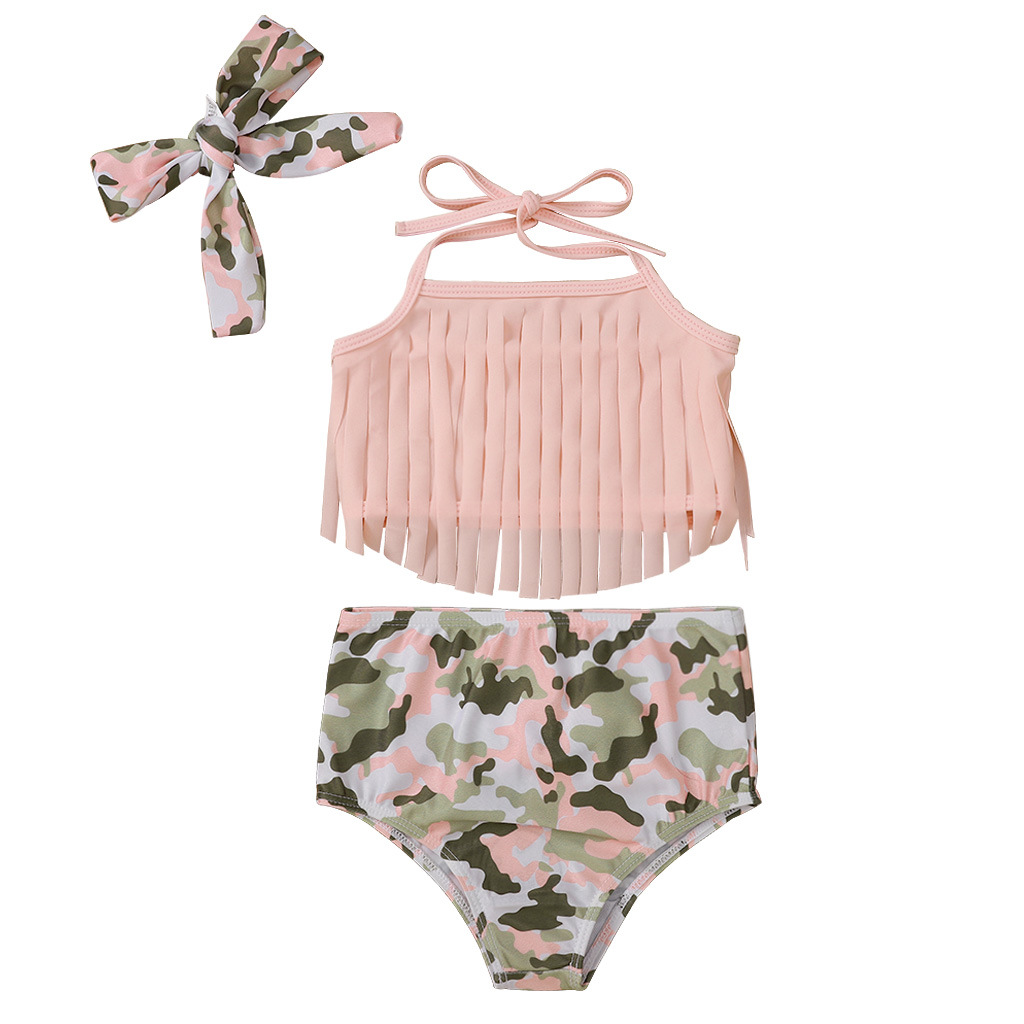 От 0 до 3 лет детская одежда для купания для девочек, летние розовые Топы + камуфляжные шорты + повязка на голову, купальник MXH2318