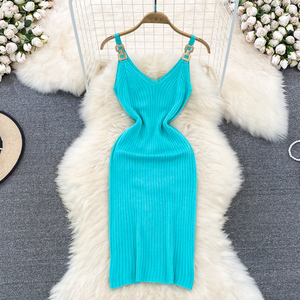 Robe d'été décontractée en tricot uni <span class=keywords><strong>sans</strong></span> <span class=keywords><strong>manches</strong></span> à col en V pour femmes, robe fourreau mi-longue taille haute, <span class=keywords><strong>robes</strong></span> élégantes pour femmes, vêtements pour femmes - Product Image 2