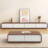 Ensemble Moderne Meuble TV et Table Basse en Bois Massif pour Salon, Meuble TV sur Pied en Bois avec Rangement Multi-Tiroirs
