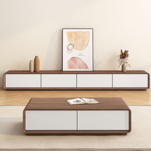 Ensemble Moderne <span class=keywords><strong>Meuble</strong></span> TV et Table Basse en Bois Massif pour Salon, <span class=keywords><strong>Meuble</strong></span> TV sur Pied en Bois avec Rangement Multi-<span class=keywords><strong>Tiroirs</strong></span> - Product Image 2