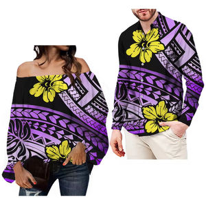 Chemise en mousseline décontractée pour <span class=keywords><strong>femme</strong></span>, design tribal polynésien, motif floral hawaïen, col sans col, épaules dénudées, pour couple - Product Image 2