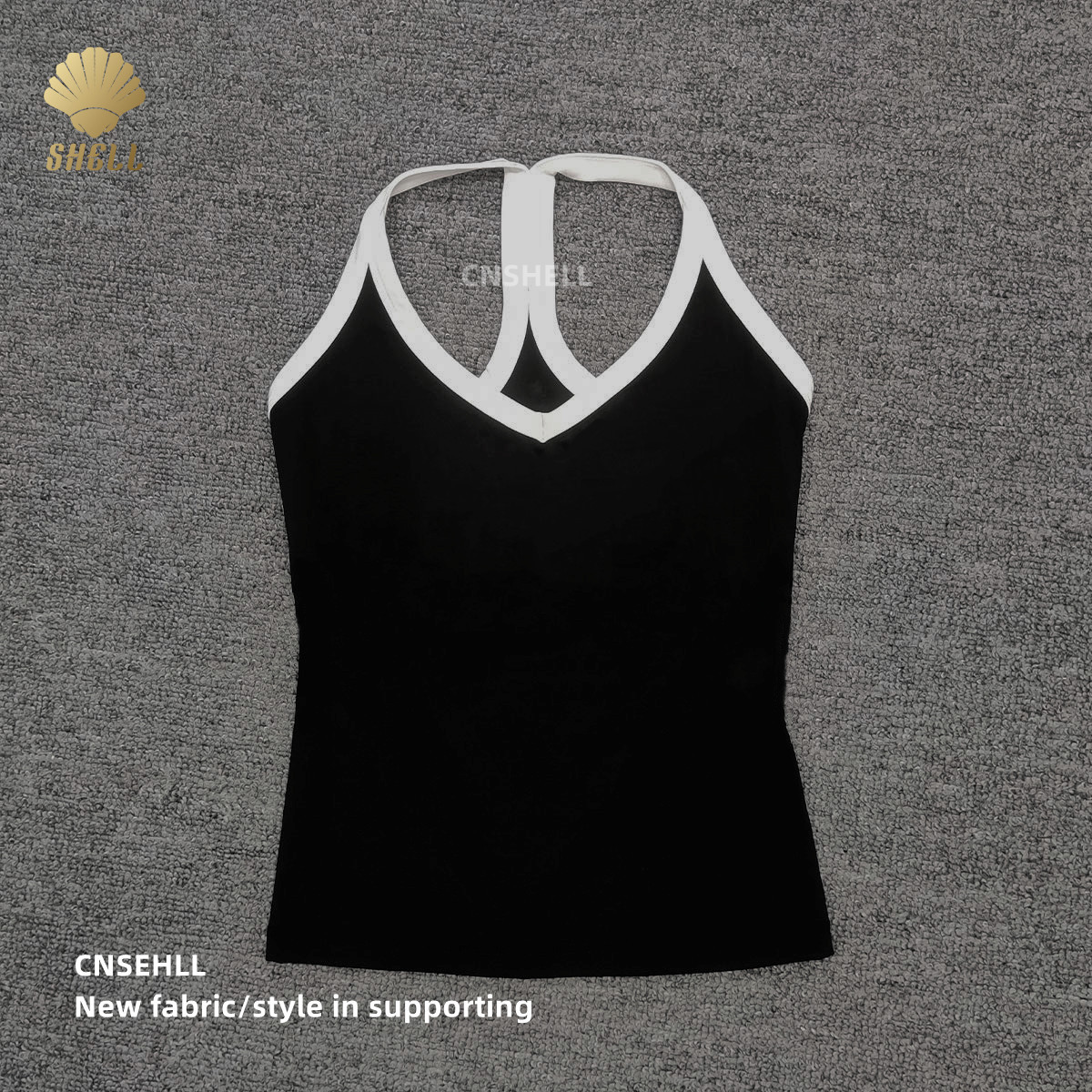 CNSHELL Contrast Color Quick Dry V Neck Sports Bra Gym Tights Breathable Mesh Double Layer Stretch Yoga I Shape Back