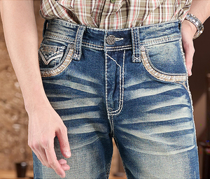 Heavy Stitch Men’s <b>Embroidered</b> Back pockets Stock Denim <b>Jeans</b> Mid Waist Washed Straight Leg fashion <b>jeans</b> - Product Image 5