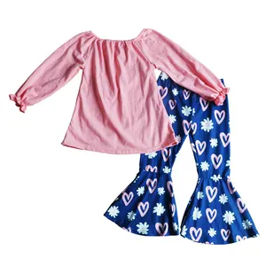 Custom Children Clothes Baby Girl Spring Cotton Shirts Bell Pants Kids Casual 9 Year Old Girl Valentine's Clothing Set