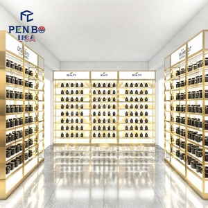 Nueva Decoración para la Apertura de una Tienda de Perfumes PENBO en Dubái, EE. UU., Etagere de Perfumes Dorado de Acero Inoxidable Resistente con Iluminación LED Personalizada - Product Image 2