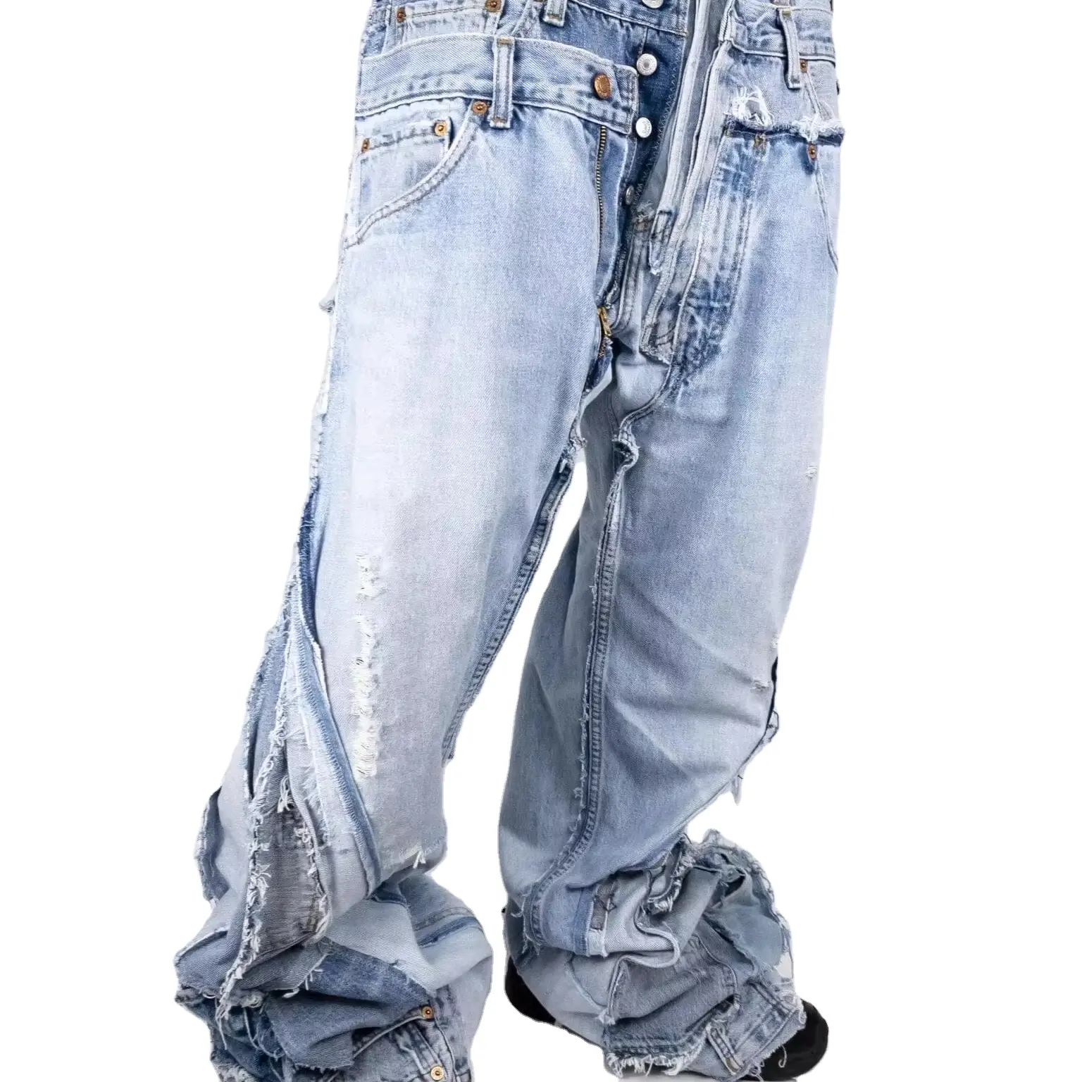 Zhuoyang produsen Denim garmen celana Jeans pria bertumpuk, celana biru mode jalanan desain kustom