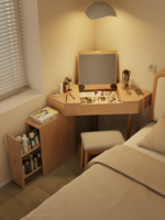 Table de maquillage d'angle en bois massif de style nordique, petite coiffeuse intégrée avec miroir triangulaire rabattable pour chambre à coucher SZT020