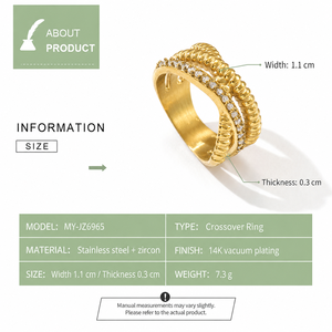 แหวนเซอร์โคเนียแบบไขว้ สแตนเลสสตีล ชุบทอง 14K แบบสุญญากาศ ลายริบบิ้น กว้าง 1.1 ซม. เครื่องประดับดีไซน์โดดเด่น - Product Image 4