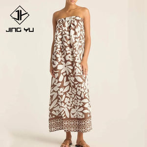 Vestido elegante de lino 100% de alta calidad con estampado playero, escote ancho elástico, personalizado, cómodo y ecológico. - Product Image 1