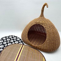 Nid pour chat en rotin tressé lavable, semi-fermé, design respirant pour toutes les saisons, été, aucune installation requise