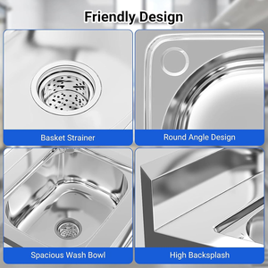 Évier de cuisine professionnel en acier inoxydable brossé à cuve unique avec égouttoir et étagère de rangement pour station de préparation de restaurant - Product Image 5