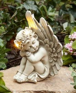 Садовая статуя ангела херувима на солнечной батарее с крыльями для сна, уличное украшение - Product Image 6