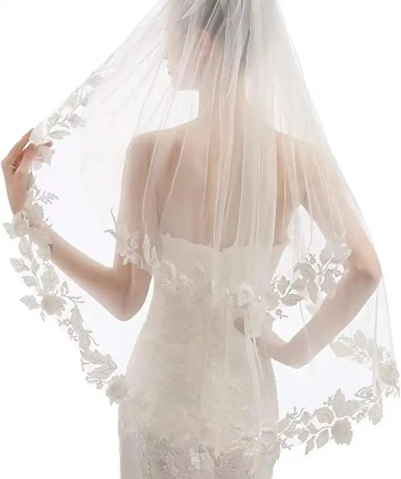 रोमांटिक नई डिजाइन सफेद शादी दो परत शादी घूंघट 3D फूल फीता दुल्हन घूंघट कंघी के साथ