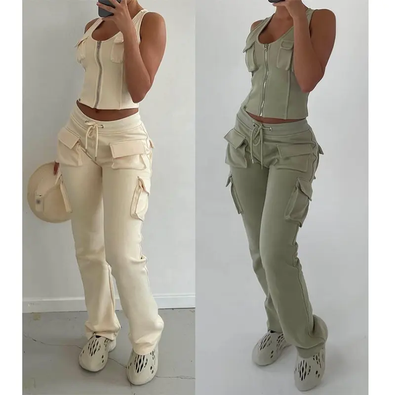 New 2022 Fashion Women'S 2 Sets French Terry Zip Up Jacket Sleeveless Cargo 3D Pockets Co Ord Jogger Two Piece Outfits Pants Set
