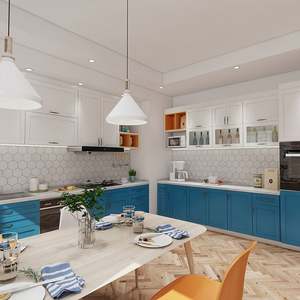 Armoires de cuisine modulaires en bois avec des designs gratuits, comptoir en marbre artificiel et panier de rangement bleu, fabriqué en Chine - Product Image 3