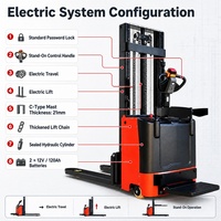 Gerbeur électrique autoporté en gros, capacité 1500 kg, levée 2000-4000 mm, fourches 570/695 mm, dimensions 60x160x1150 mm, batterie 2x12V 120Ah
