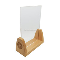 Support de menu de table en acrylique avec base en bois en forme de U, porte-étiquette de prix, présentoir en bois de hêtre, cadre photo