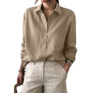 Camisa de Lino y Algodón de Manga Larga con Solapa Holgada, Talla Grande, Color Sólido, Transpirable, Estilo Vintage para Mujer, Otoño 2026 - Product Image 3