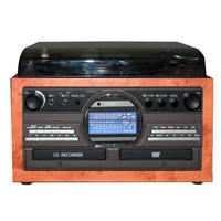 Platine Vinyle Rétro en Bois avec Lecteur CD/DVD, Enregistreur de Cassettes et Radio AM/FM, Gramophone avec Haut-Parleurs Stéréo Externes