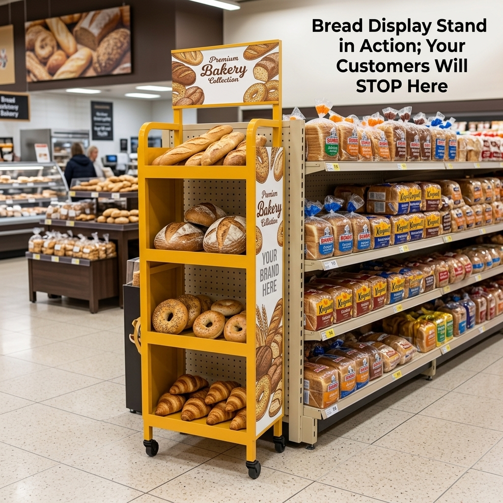 Wholesale Custom Mobile Metal Bakery Bread Display Rack Floor Standing Donut Pastry Retail Shop Shelf with Wheels Logo Stand OEM — view 2