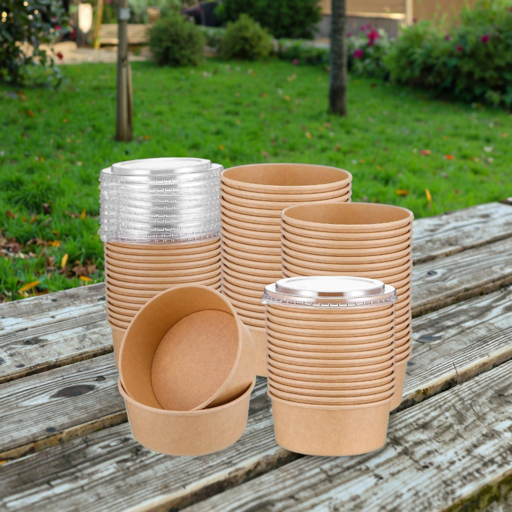 50 Pcs Disposable Kraft Paper Bowls with Lid Salad Serving Bowls Eco-Friendly Paper Plates & Bowls