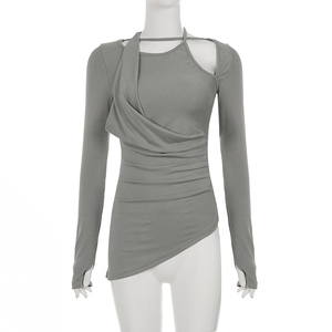 Camiseta coreana informal de manga larga con corte asimétrico, color sólido, ajuste slim, estilo streetwear para mujer - Product Image 6