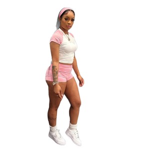 Ensemble sportif deux pièces pour femme TW733 : short taille haute et <span class=keywords><strong>t</strong></span>-<span class=keywords><strong>shirt</strong></span> décontracté à manches courtes raglan contrastant, avec <span class=keywords><strong>bandeau</strong></span> inclus - Product Image 5
