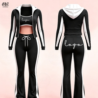 Ensemble de survêtement 2 pièces Y2K personnalisé avec logo pour femme – Haut rayé à fermeture éclair latérale et pantalon évasé moulant brodé pour grandes tailles
