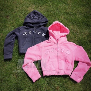 High Quality Embroidery Patch Pullover Women's Hoodies Sweatshirt Top Distressed <b>Cropped</b> Acid Wash <b>Zip</b> <b>up</b> Hoodies Women - Product Image 1