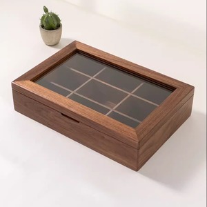 Walnut Storage Box With Compartments Covered Glass Lid Desktop Organizer For Jewelry Collectibles 18L - Product Image 2