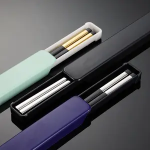 Sumpit baja tahan karat 304 portabel kualitas tinggi sumpit hitam perak dengan kotak - Product Image 1