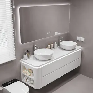 Vanité de salle de bain haut de gamme de style européen ensemble de vanité de bain en noir et blanc avec double lavabo suspendu