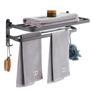 Bathroom Towel Rack Double Rod Foldable Wall Mounted Aluminum Minimalist Design No <b>Drilling</b> Required - Product Image 5