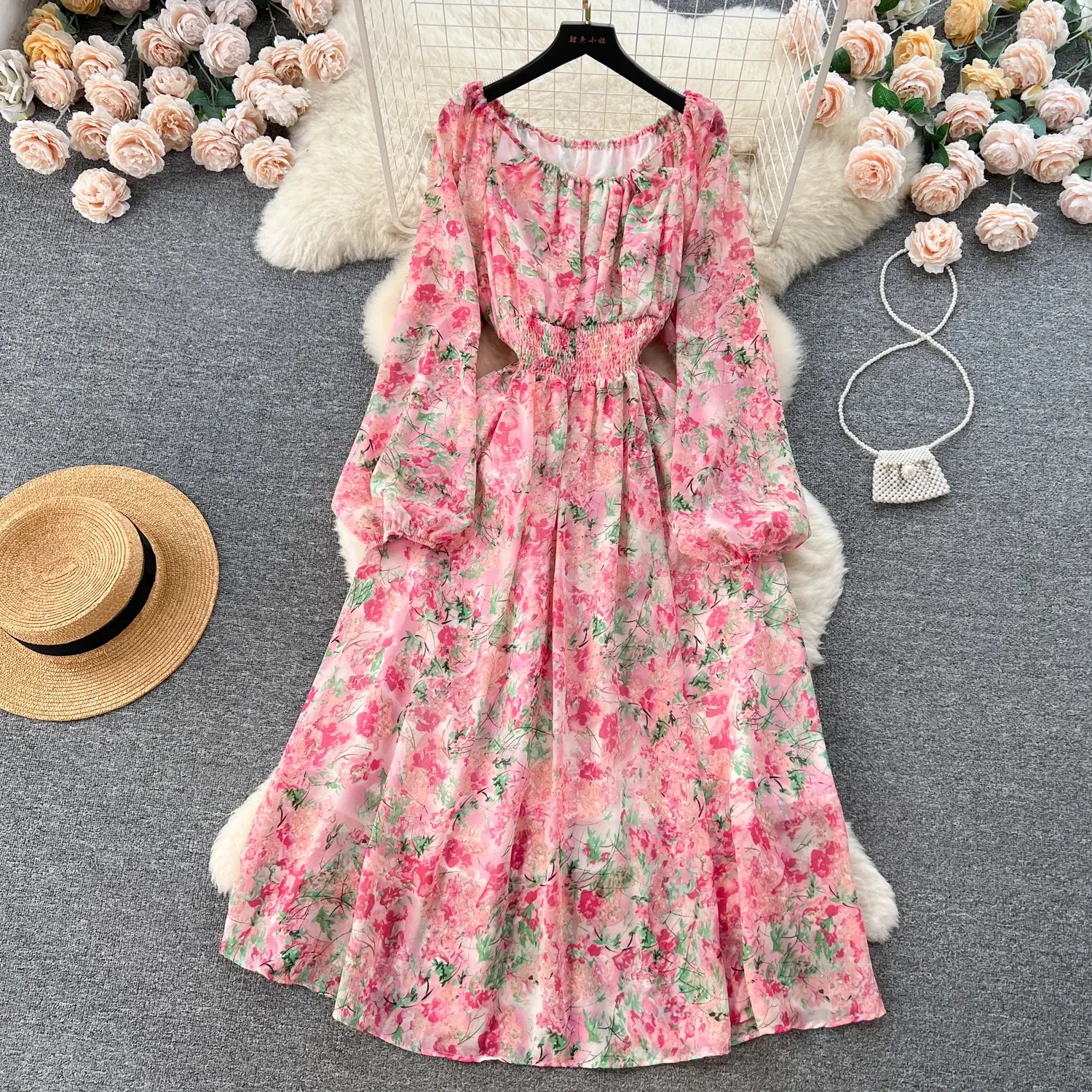 Spring and Autumn Fashion Print Floral Elastic Waist A-line Long Sleeve Chiffon Dress Korean Beach Long Casual Dress