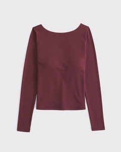 T-shirt femme à manches longues en coton extensible de haute qualité, col bateau, coupe ajustée, couleur rouge vin - Product Image 4