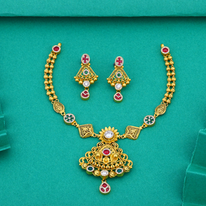 Traditional gold necklace set with colorful <b>stones</b> elegant bridal jewelry design with matching earrings for festive and wedding - Product Image 1